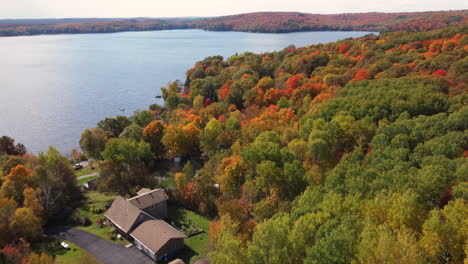 beautiful-aerial-footage-of-the-colorful-forests-on-the-shores-of-a-lake-in-autumn-in-the-muskoka-lake-area-of-ontario,-canada