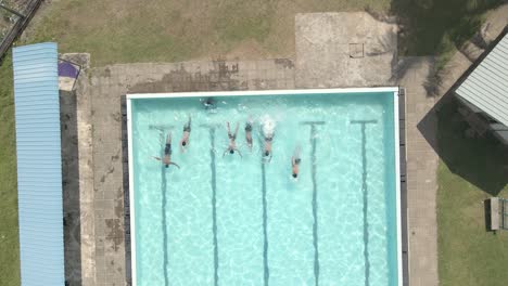 Aerial-Drone-Top-Down-Shot-of-Swimmers-in-Pool
