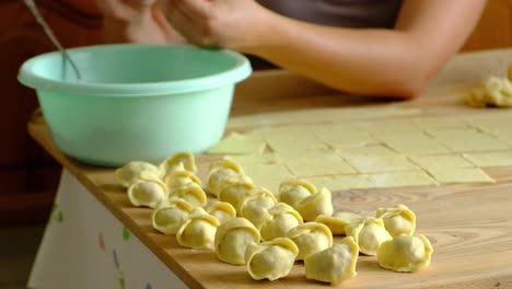 Close-up-shot-of-popular-food-dish,-Polish-'Little-Ears'-Uszka-Dumplings-and-Pierogi---Polish-Cuisine--Grandmother-old-hands-working-dough---daughter-helps---Working-in-the-kitchen--Smooth-4K-24FPS