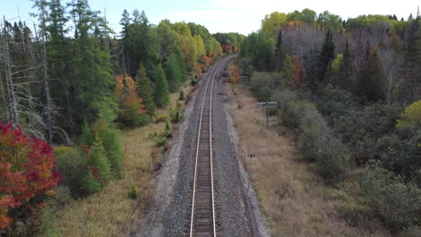 Aerial-forward-view-of-a-railroad-in-the-middle-of-a-magnificent-wood