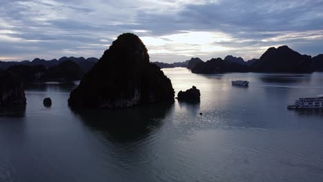 Aerial-Silhouette-View-Of-Ha-Long-Bay-Just-After-Sunset