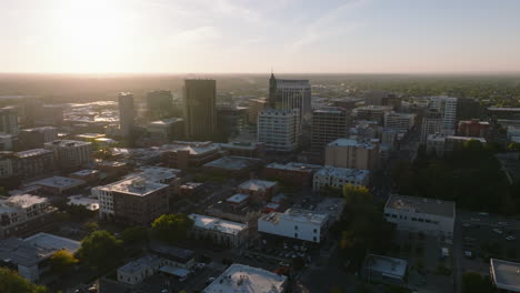 Aerial-orbiting-downtown-Boise-Idaho-at-sunset