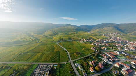 Slow-aerial-pan-shot-of-the-glistening-Danube,-sunny-market-town-Spitz-and-its-beautiful-nearby-vineyards