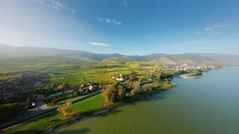 Langsam-Aufsteigende-Luftaufnahme-Von-Wunderschönen-Weinbergen-Nahe-Der-Marktgemeinde-Spitz-Und-Der-Glitzernden-Donau