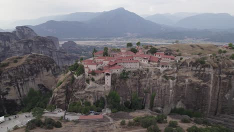 Aerial-view-of-breathtaking-cliff-top-Monastery-of-Great-Meteoron,-Thessaly