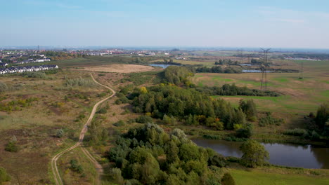 Straszyn-northern-countryside-aerial-view-across-Gdansk-park-lakes-surrounded-by-woodland