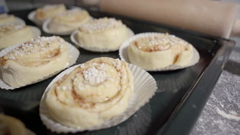 Static-shot-with-focus-shift-of-a-tray-with-unbaked-cinnamon-buns
