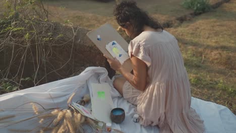 Slow-motion-static-handheld-shot-of-a-young-pretty-artist-in-a-dress-sitting-on-a-white-picnic-cloth-in-the-garden-while-painting-an-abstract-painting-with-a-brush-and-acrylic-paint-in-100-fps
