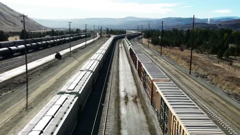 forward-flight-dolly-drone-shot-flying-between-cargo-trains-on-a-railroad-station-in-a-desert-environment-on-a-sunny-day-with-mountains-in-the-background-and-powerlines-and-tank-trains
