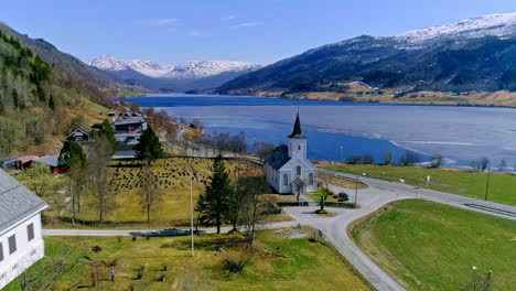 Aerial-drone-forward-moving-shot-over-Jostedal-church