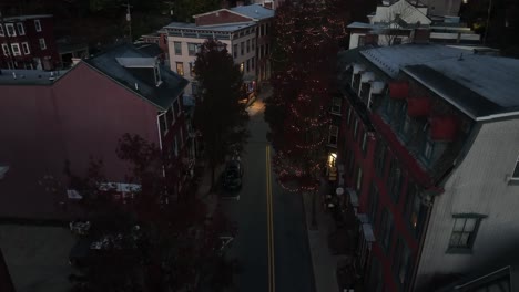 Amerikanische-Flagge-Und-Geschmückte-Weihnachtsbäume-Mit-Lichtern-In-Der-Nacht