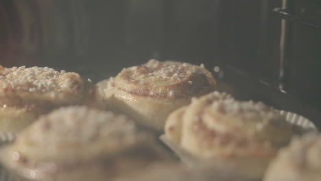 Close-up-of-cinnamon-buns-getting-baked-in-an-oven-with-buns-in-the-foreground