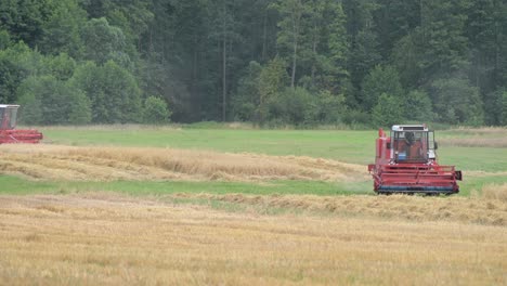 Zwei-Rote-Traktormaschinen,-Die-Während-Der-Erntesaison-Im-Landwirtschaftlichen-Betrieb-Arbeiten