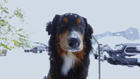 Black-Tri-Australian-Shepherd-Puppy-Playing-in-Snow-Covered-Sidewalk-in-Montana,-4K