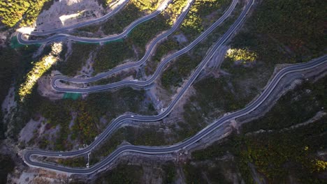 Top-down-view-of-winding-road-on-mountains-of-Albanian-Alps,-danger-panoramic-journey