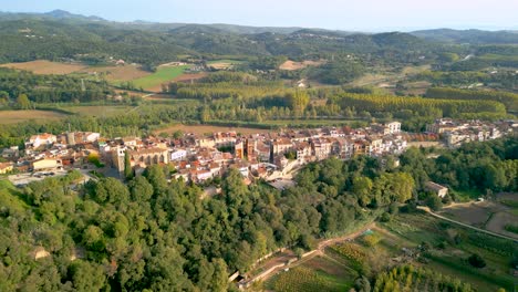 Hostalric-aerial-images-medieval-town-in-Catalonia-touristic-castle-on-top-of-the-mountain-Approaching-the-village-with-fields-of-cultivated-trees-in-the-background-forestry