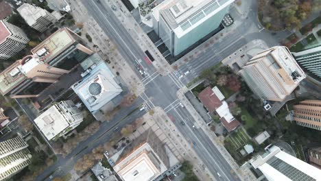 Bird-eye-view-shot-of-Apoquindo-avenue-of-Santiago-de-Chile,-UHD-4K-aerial