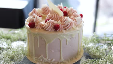 Rasberry-Frosted-Cake-on-Elegant,-Delicious-Display