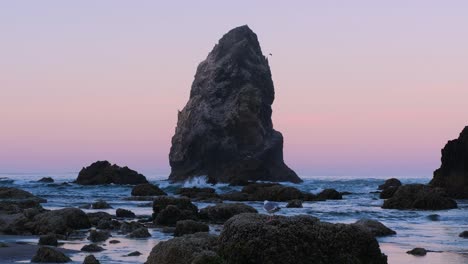 Weitwinkelaufnahme-Des-Meeresstapels-An-Der-Küste-Von-Oregon-In-Zeitlupe