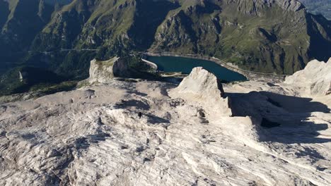 Aerial-views-of-Marmolada-mountain-in-the-Dolomites,-Italy