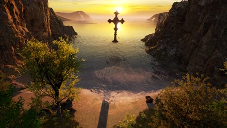 A-huge-gothic-cross-on-the-sea-surrounded-by-large-cliffs,-a-sand-beach,-grass-trees,-and-a-sunset-3D-animation-high-ground-view