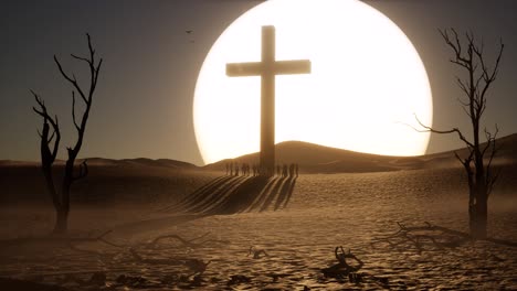 A-huge-wooden-cross-on-the-desert-with-people-standing-around-it,-dry-trees,-branches,-and-leaves-scattered-around,-and-a-big-sunset-3D-animation