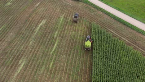 Two-tractors-on-the-cornfield,-harvesting-fodder-from-corn-with-forage-harvester
