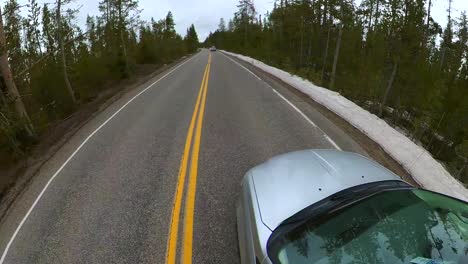 Hyoerlapse-of-Driving-on-a-long-Pine-and-snow-covered-or-wooded-road-possibly-through-Yellowstone-National-Park