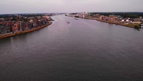 Aerial-panoramic-view-of-great-river-in-city