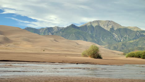 Flusswasser,-Das-Durch-Wüste-Mit-Bergkette-In-Großen-Sanddünen-Colorado-Fließt