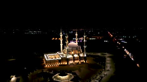 Night-aerial-view-of-Hala-Sultan-Mosque-in-Northern-Cyprus-3