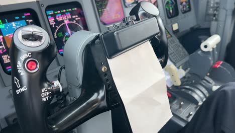 Close-view-inside-a-modern-jet-cristal-cockpit-of-the-captain-control-wheel
