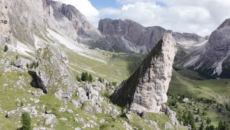 Rocky-mountain-formation-in-Dolomites,-Twin-Peaks-of-Pieralongia-close-up-aerial-view
