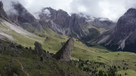 Italian-Dolomites-with-Pieralongia-rock-formation,-cinematic-wide-establishing-view