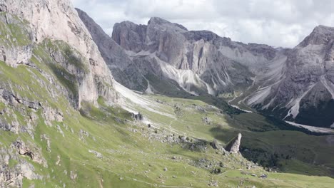 Mountain-landscape-in-Italian-Dolomites,-aerial-wide-view