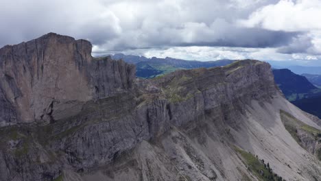 Aerial-view-of-jagged-Seceda-Ridgeline,-Italian-Dolomites,-South-Tyrol