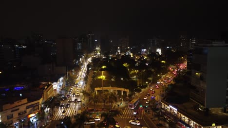 Drone-4k-aerial-video-of-night-time-Lima-Peru,-of-"Kennedy-Park"-in-the-Miraflores-district
