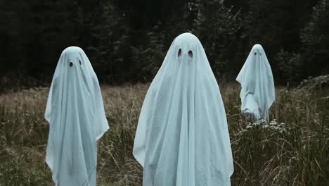 Three-kids-dressed-up-as-ghosts-celebrating-Halloween-white-ghost-in-grass-field