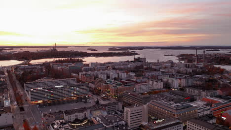 High-Altitude-Aerial-over-Nordic-capital-of-energy,-city-of-Vaasa,-at-golden-hour