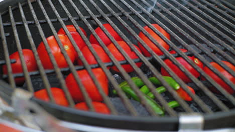 Close-up-with-Shallow-Depth-of-Field-of-Tomato-on-BBQ-Surrounded-by-chilis