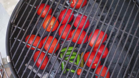 Top-Down-Shot-of-Tomato-on-BBQ-Surrounded-by-chilis