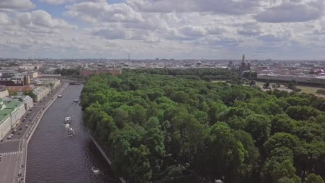 Summer-Garden,-an-aerial-drone-footage-of-a-park-with-boats-in-a-river,-Church-of-Savior-on-Blood,-Castle,-center-of-Saint-Petersburg,-overview-shot-on-the-city-in-summer