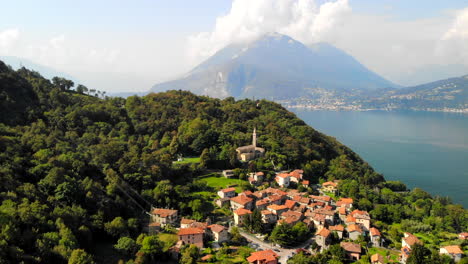 Drone-shot-of-Italian-village-in-Perledo,-Italy,-near-Lake-Como-and-Varenna