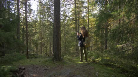 Woman-in-a-forest-taking-a-picture-with-an-iPhone,-tourist-back-pack,-nordic-autumn-sun