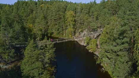 Floating-bridge-on-ropes-over-a-lake-or-a-stream-in-a-forest,-summer,-aerial-revealing-shot