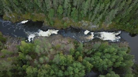 Aerial-footage-of-a-Karelian-waterfall-Kivach,-full-water-flow-over-the-top,-beautiful-nature,-foam-on-water