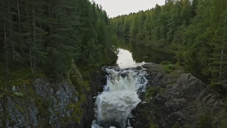 Aerial-footage-of-a-Karelian-waterfall-Kivach,-full-water-flow-over-the-top