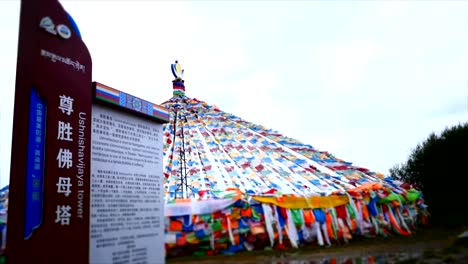 Tiro-De-Lapso-De-Tiempo-De-Banderas-Tibetanas,-Pagodas,-Templos---Estructuras-Religiosas