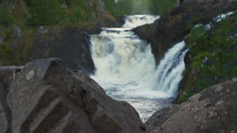 Karelian-waterfall-Kivach,-full-water-flow-over-centeral-piece-in-4k-50-fps,-slow-motion