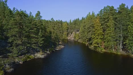 Floating-bridge-on-ropes-over-a-lake-or-a-stream-in-a-forest,-summer,-aerial-revealing-shot